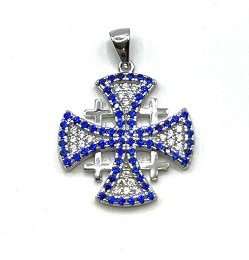 Sterling Silver Pave Stone Jerusalem Cross Pendant